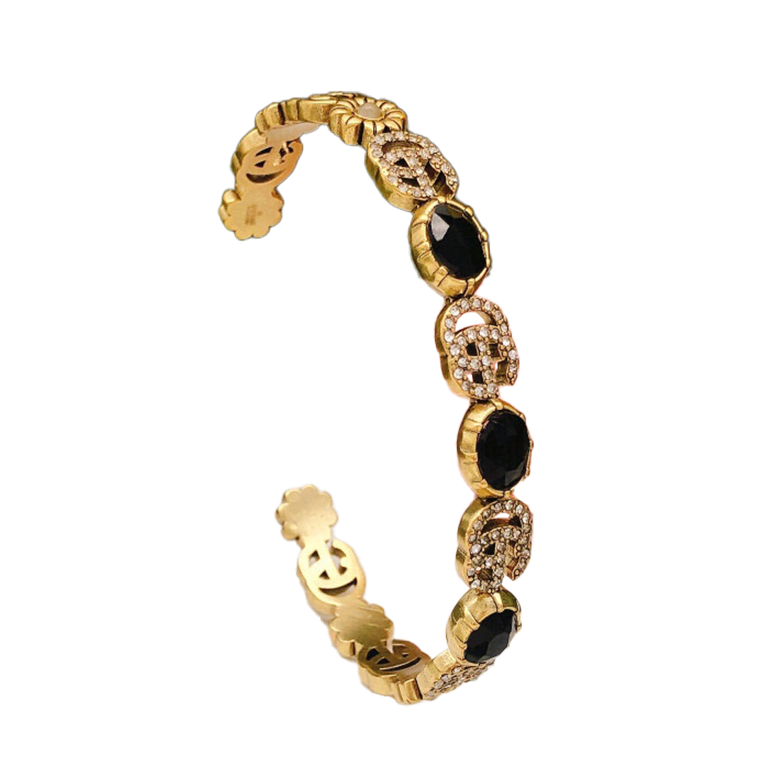Gucci Double Flowers Black Crystals Open Cuff 18K Gold Bracelet