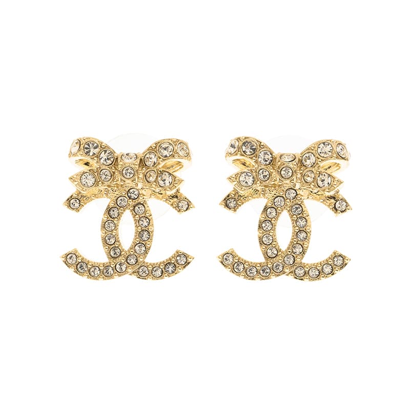 Chanel Strass Bow Stud 18K Gold Earrings