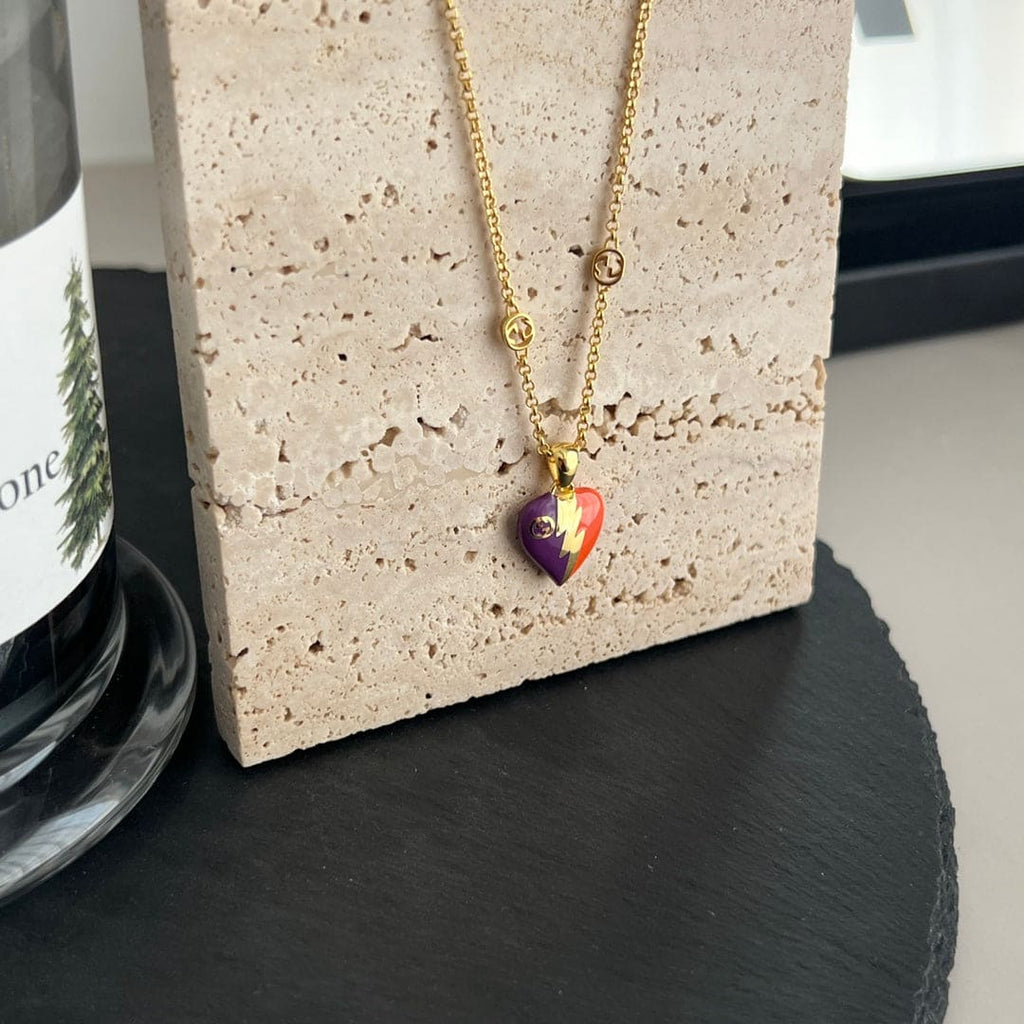 Gucci Double Interlocking Gucci Heart Lightning Charm 18K Gold Necklace
