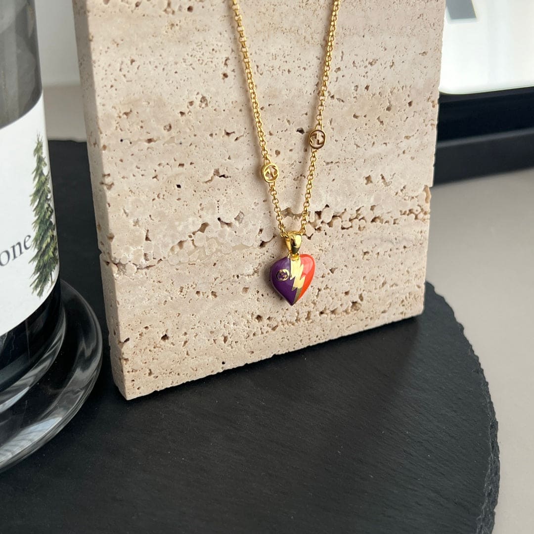 Gucci Double Interlocking Gucci Heart Lightning Charm 18K Gold Necklace