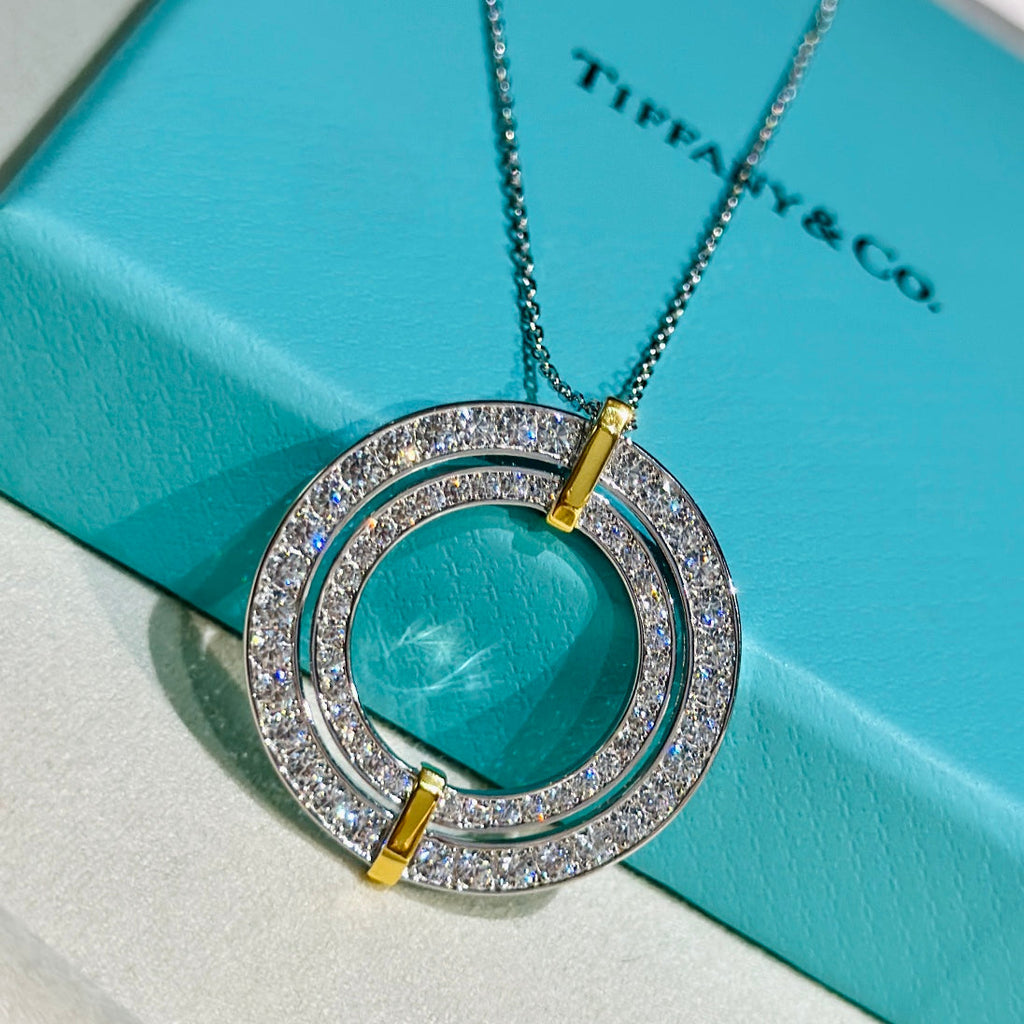 Tiffany Edge Circle Diamond Pendant 18K Gold Necklace