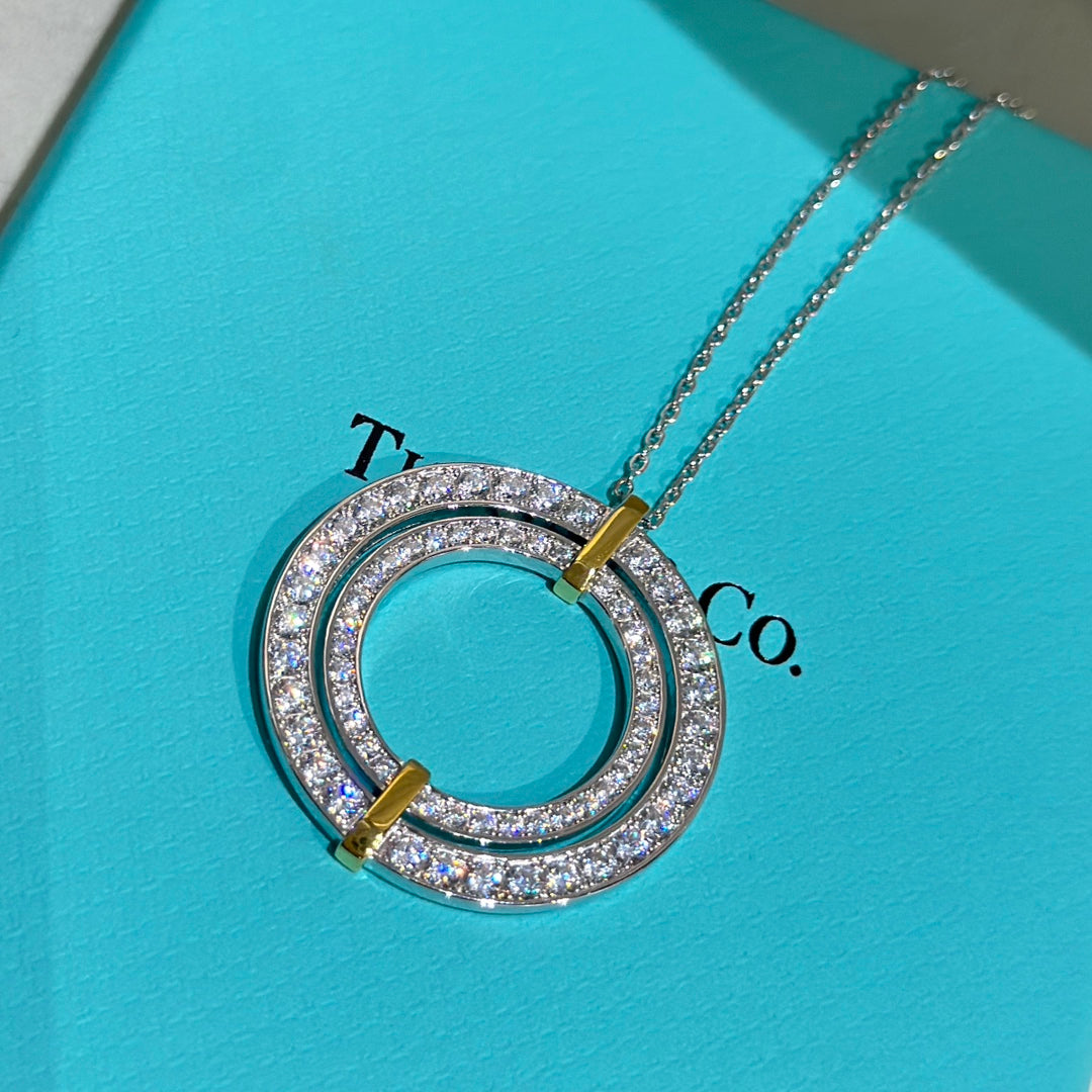 Tiffany Edge Circle Diamond Pendant 18K Gold Necklace