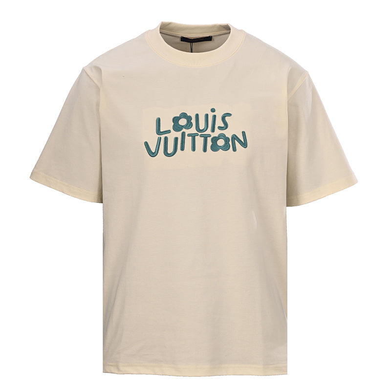 Louis Vuitton Short-Sleeve T-Shirt with Small Blue Floral Embroidered Lettering - product image