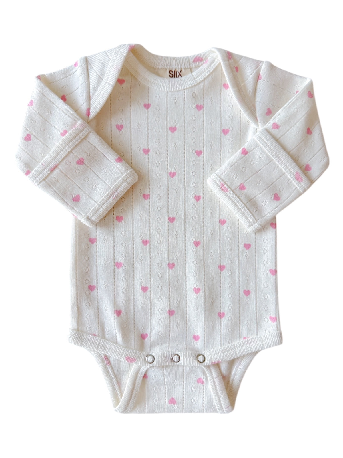 White with Pink Heart / Organic Pointelle Long Sleeve Bodysuit