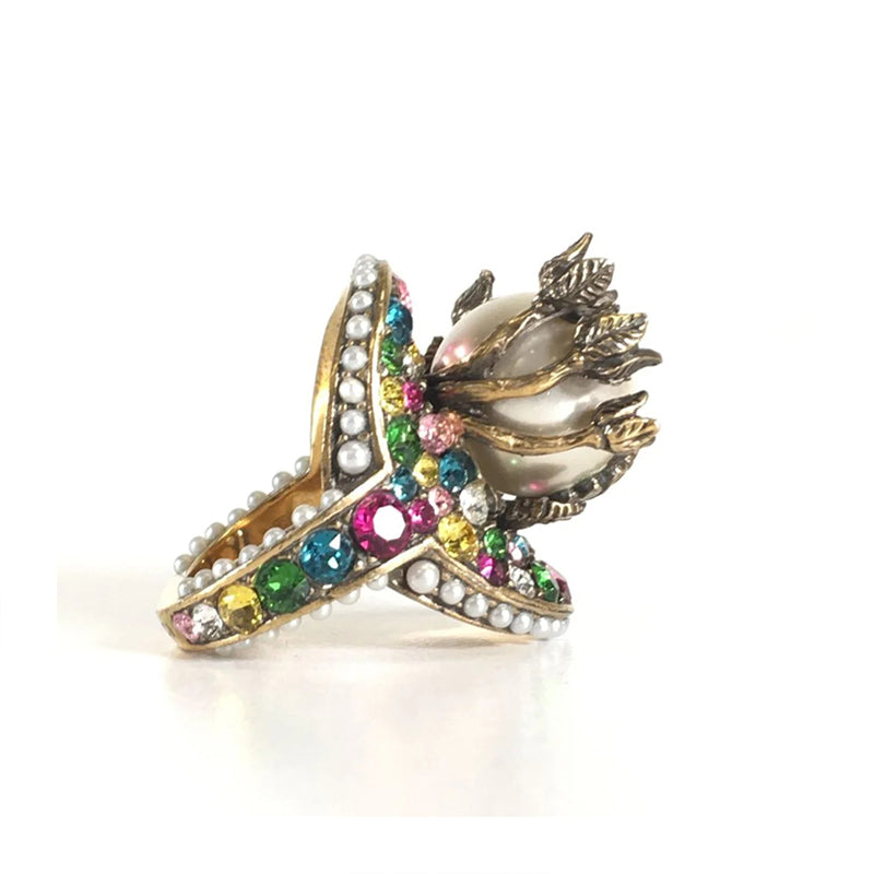 Gucci Double Multistone Pearl 18K Gold Ring