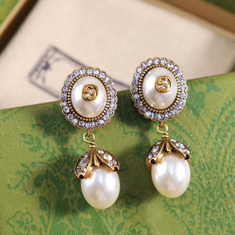 Gucci Double Flower Pearl 18K Gold Earrings