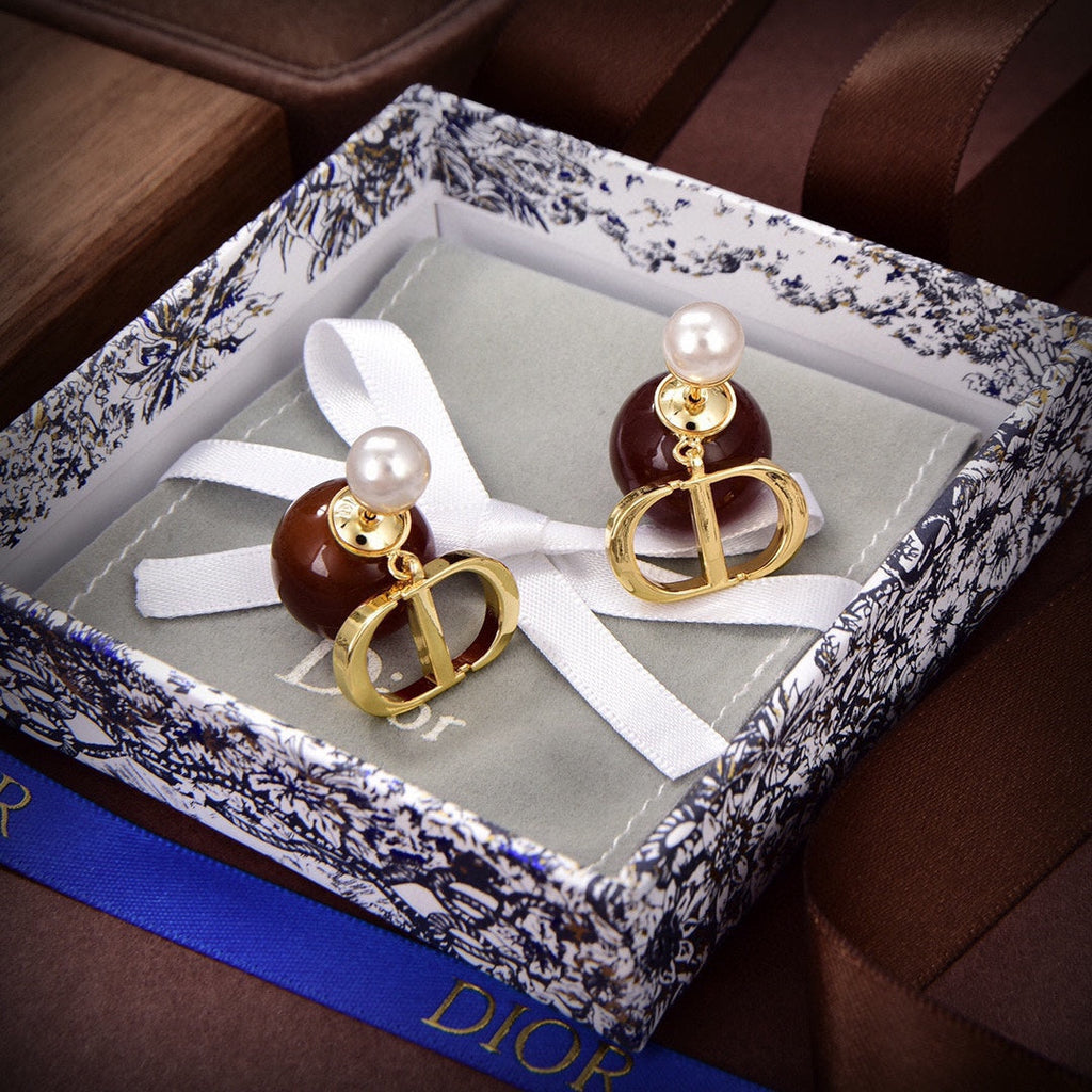 Dior Tribales Brown Resin Pearls 18K Gold Earrings