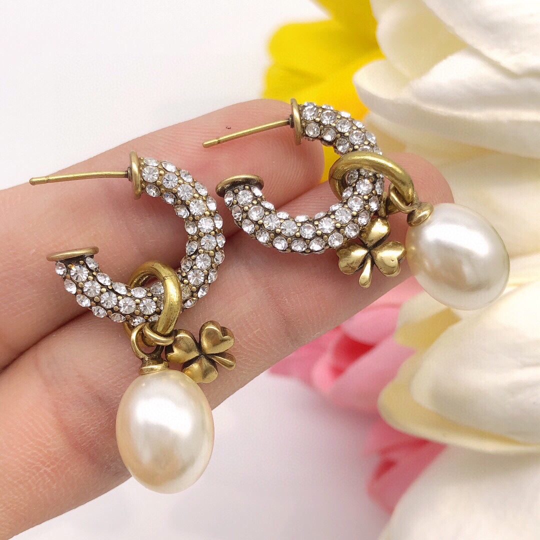 Dior March Grass Pearl Crystals 18K Gold Earrings