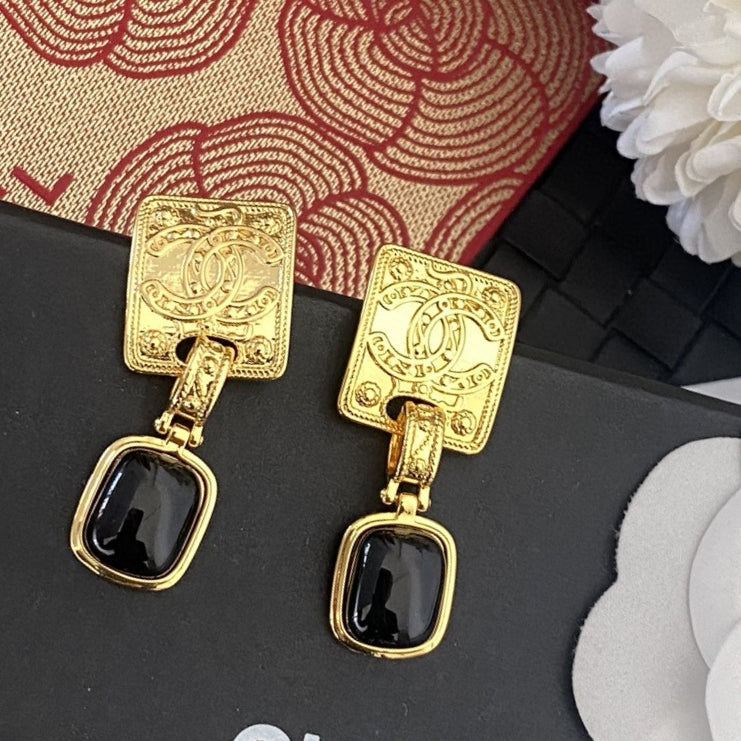Chanel Black Crystal 18K Gold Earrings