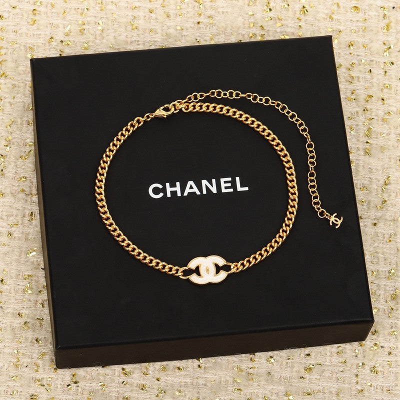 Chanel White Logo Choker 18K Gold Necklace
