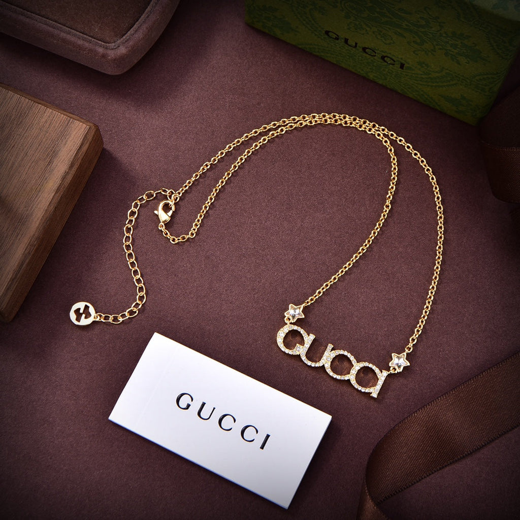 Gucci Double Embellished Script Letter 18K Gold Necklace