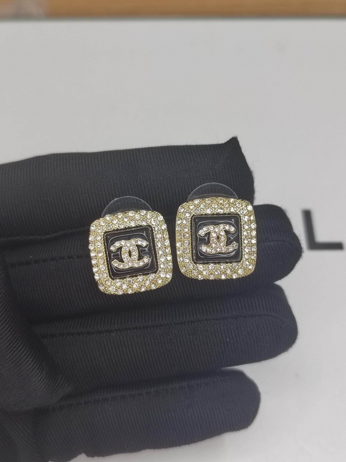 Chanel Diamond Square Black 18K Gold Earrings