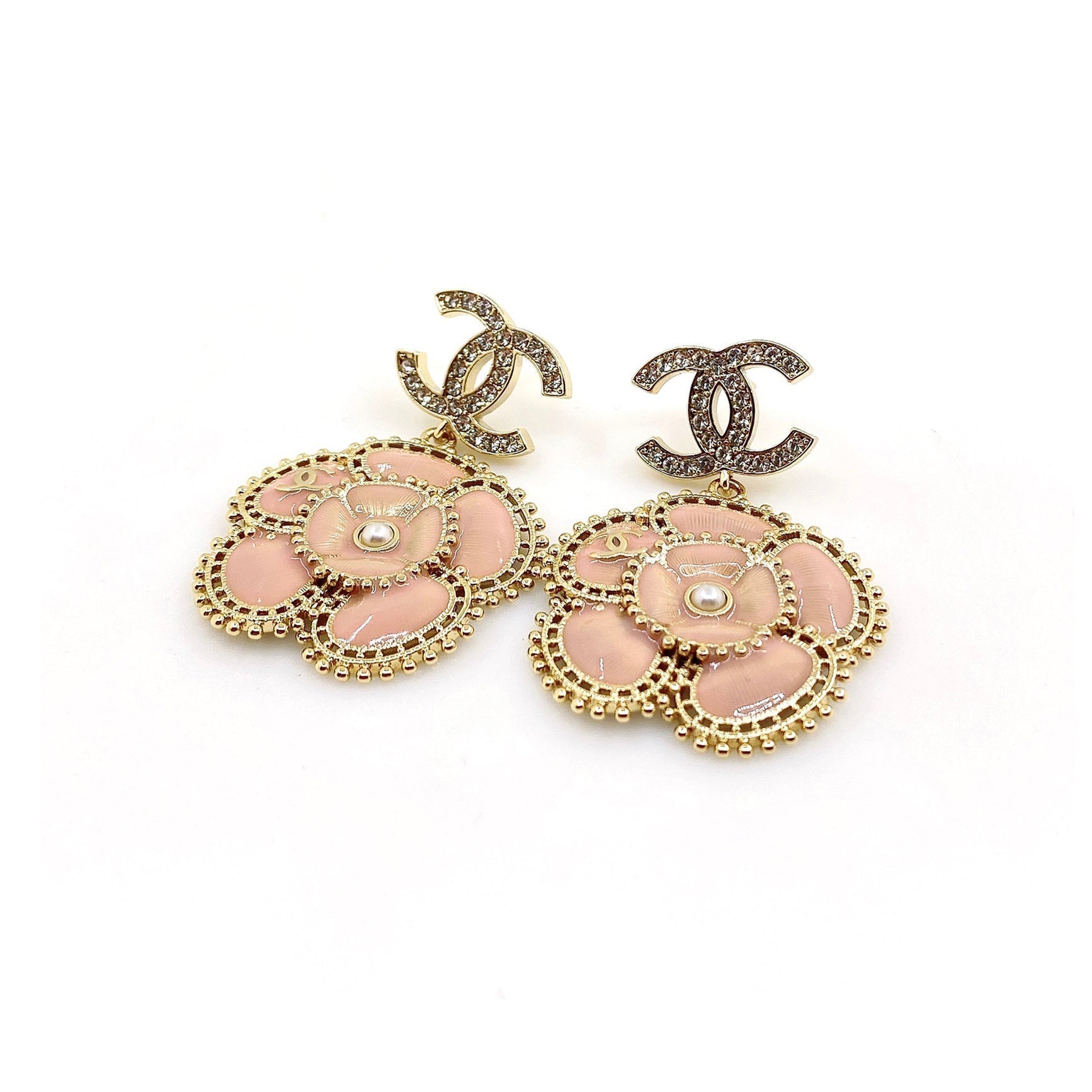 Chanel Pink Flower 18K Gold Earrings