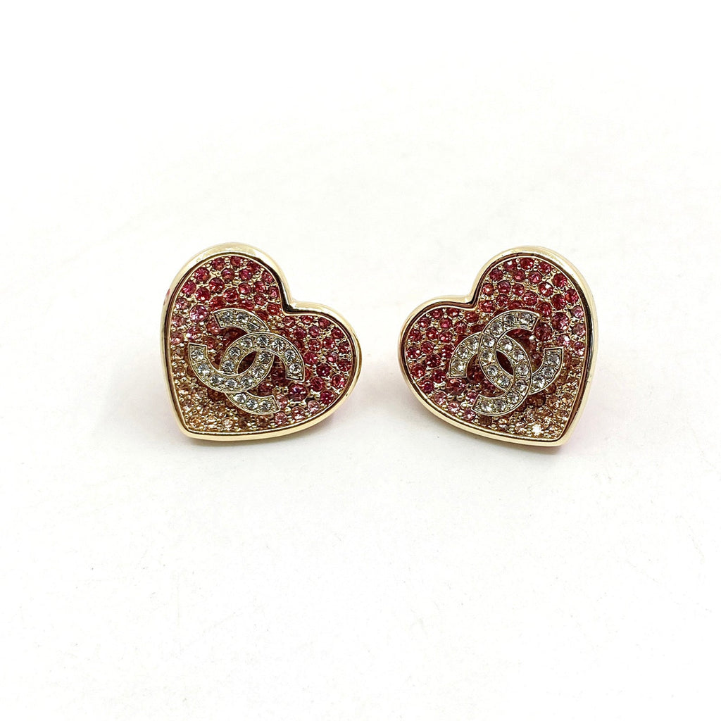 Chanel Diamond Pink Heart 18K Gold Earrings