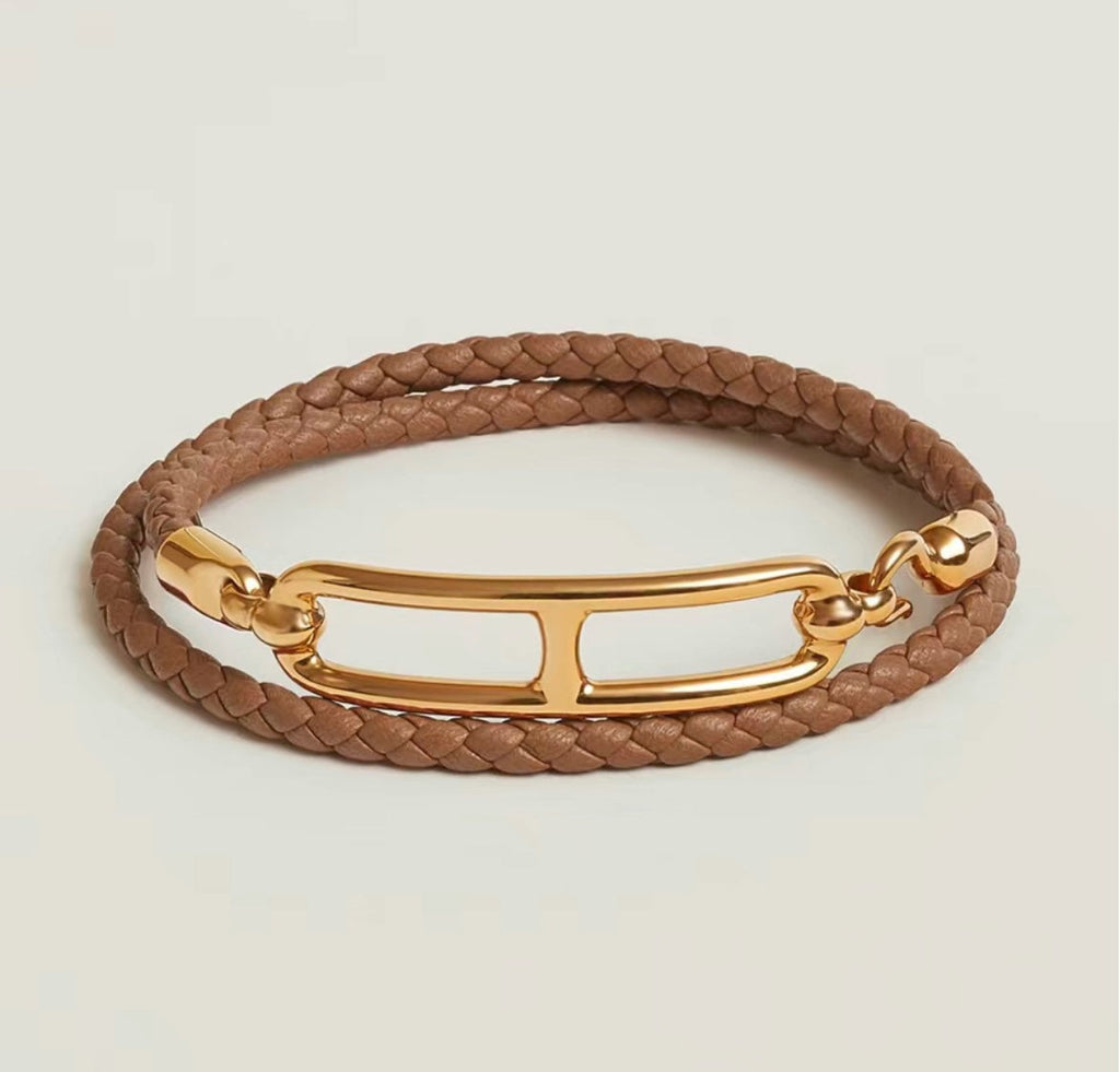 Hermes Roulis Double Tour Brown 18K Gold Bracelet