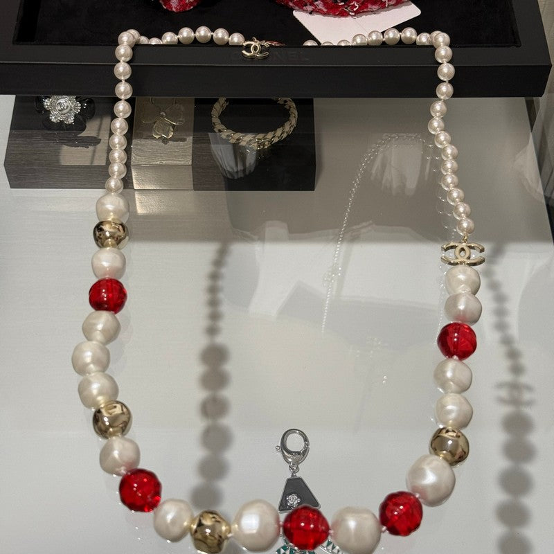 Chanel Red Crystal Pearl 18K Gold Necklace