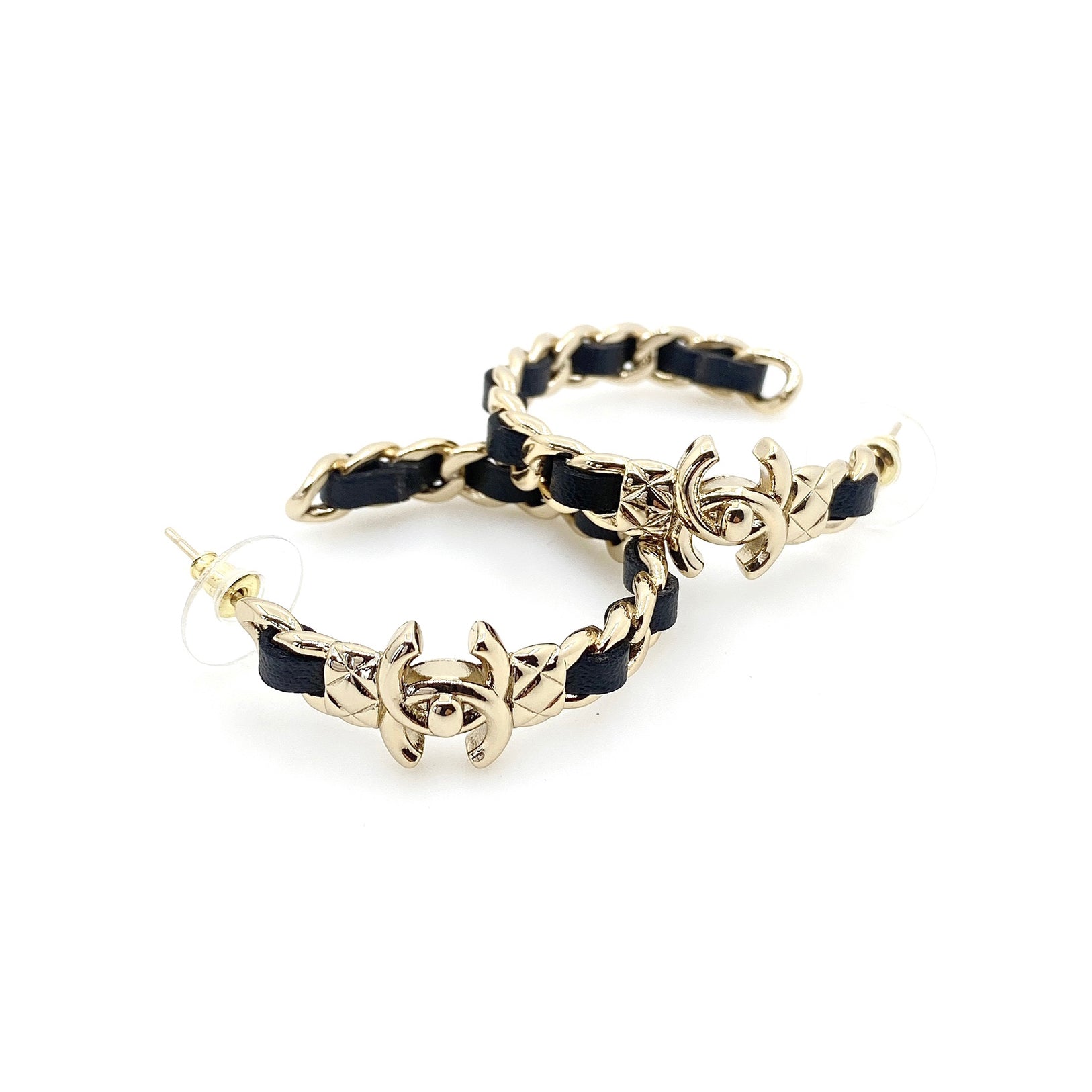 Chanel Circle Leather 18K Gold Earrings