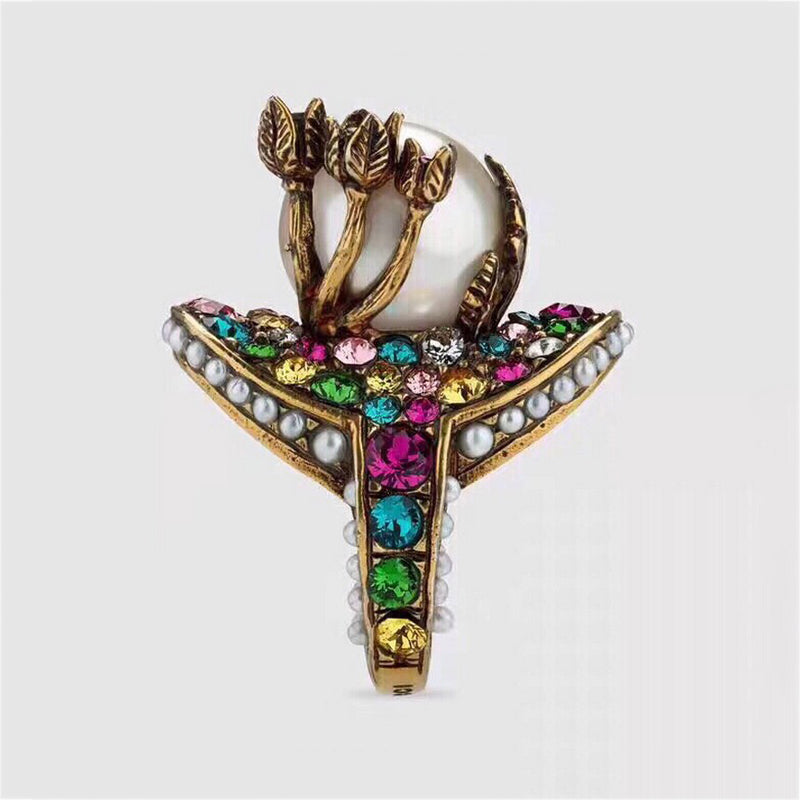 Gucci Double Multistone Pearl 18K Gold Ring
