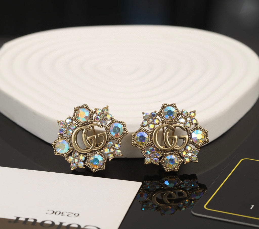 Gucci Double Blue Flowers 18K Gold Earrings