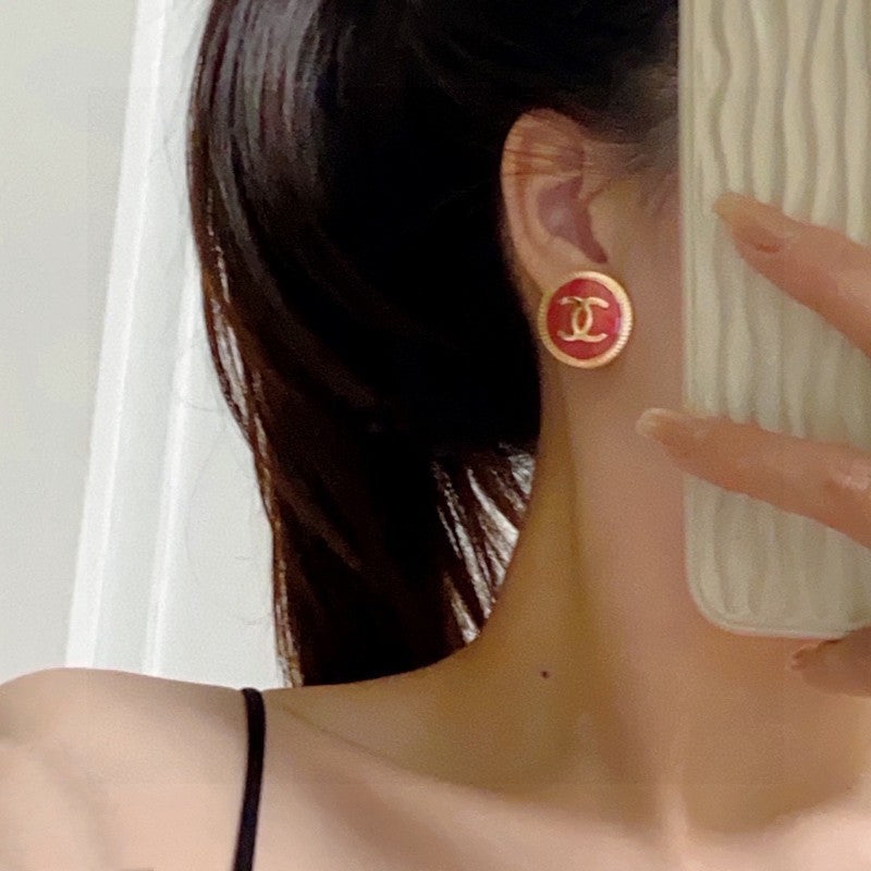 Chanel Red Round 18K Gold Earrings