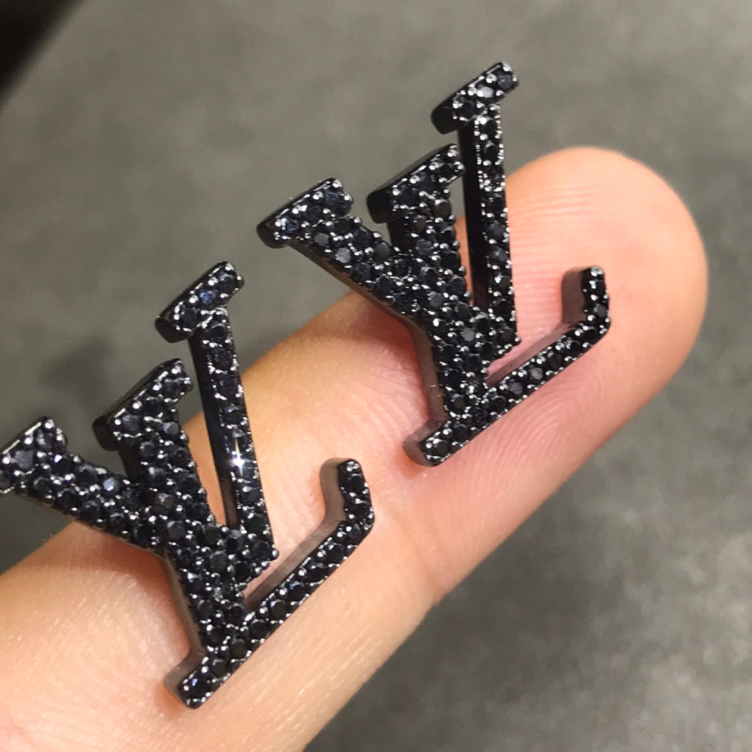 Louis Vuitton Iconic Black Crystal Stud 18K Gold Earrings