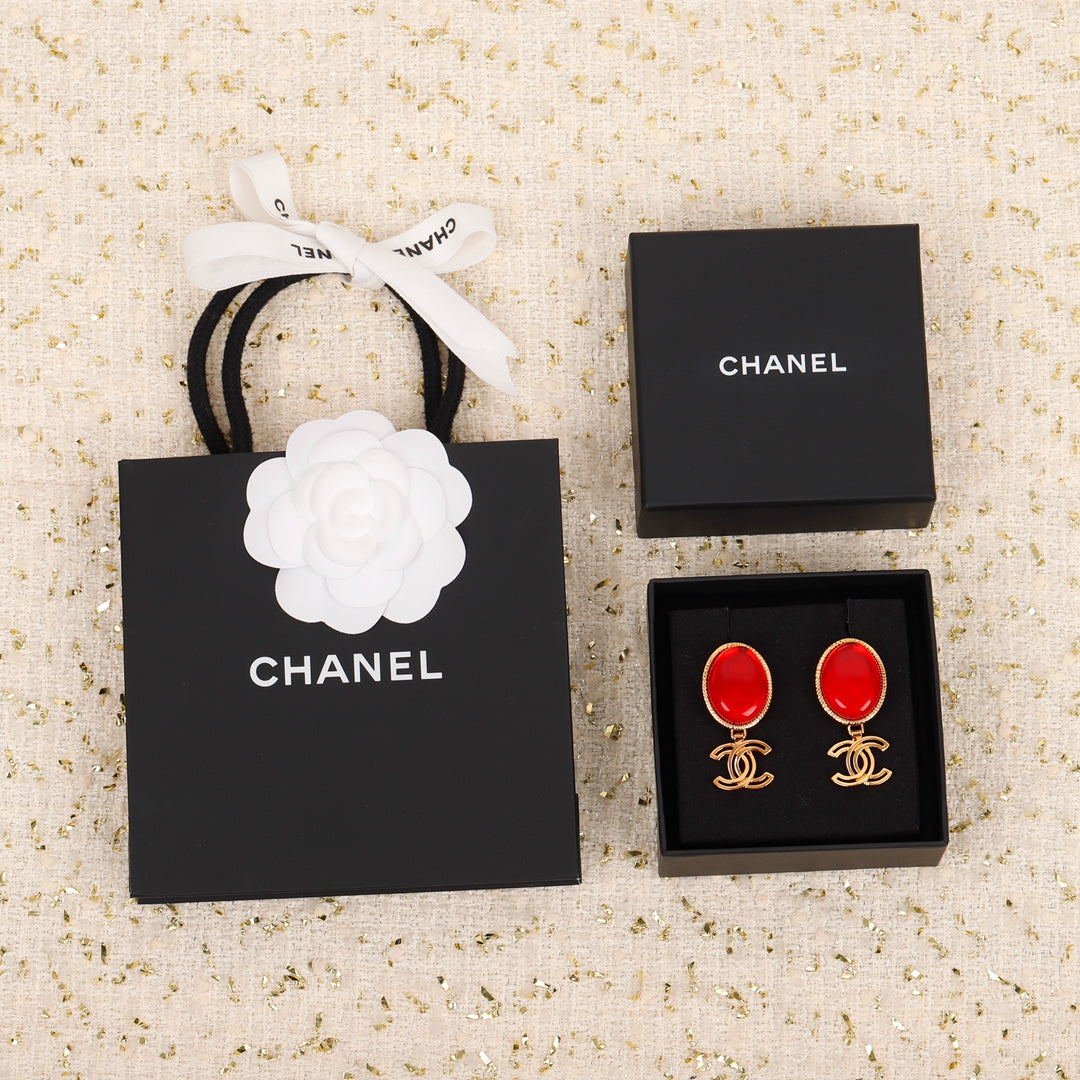 Chanel Red Crystal Pendant 18K Gold Earrings