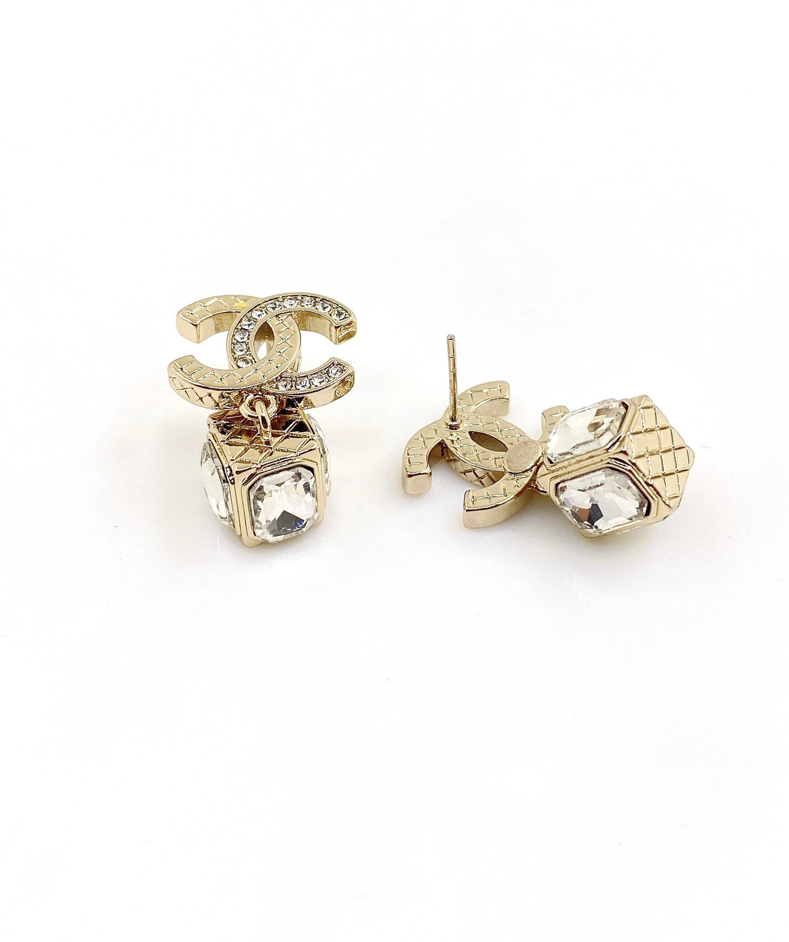 Chanel Square Crystal Pendant 18K Gold Earrings