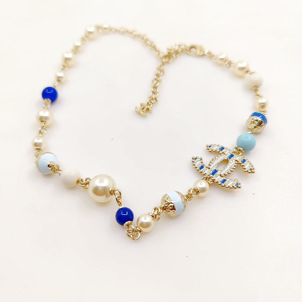 Chanel Blue & White Pearls 18K Gold Necklace