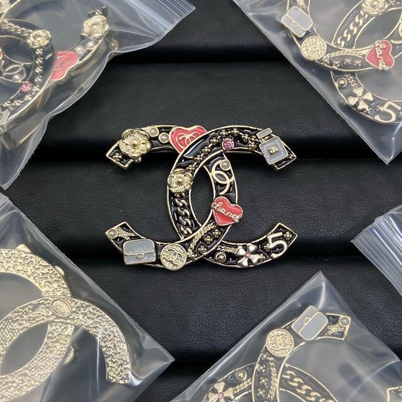 Chanel Black & Red Heart 18K Gold Brooch