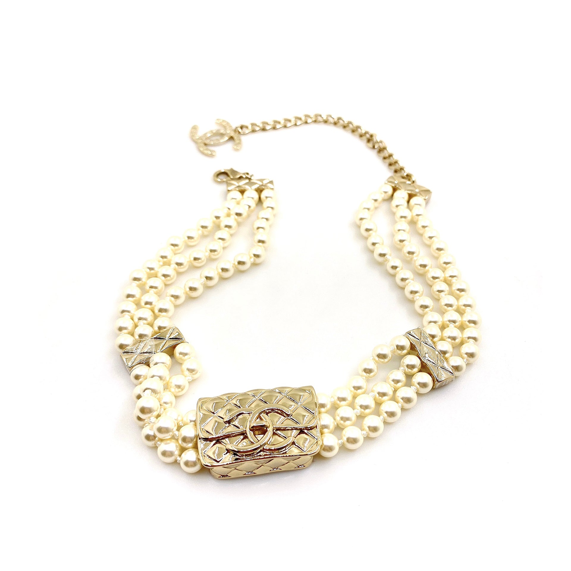 Chanel Bag Pearls Chain 18K Gold Necklace