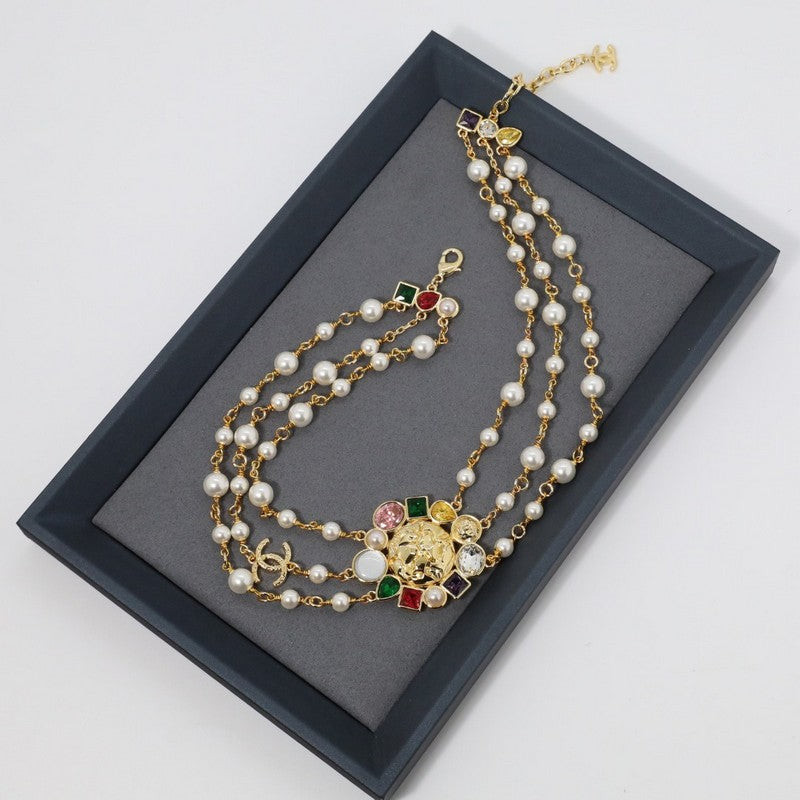 Chanel Color Crystal Pearls Choker 18K Gold Necklace