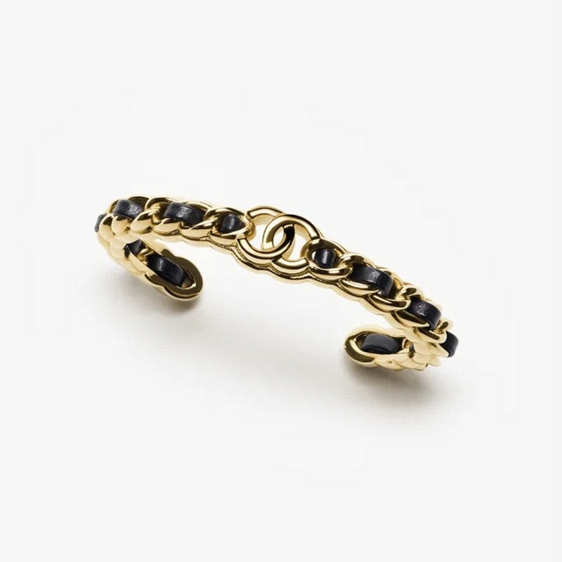 Chanel Black Leather Cuff 18K Gold Bracelet