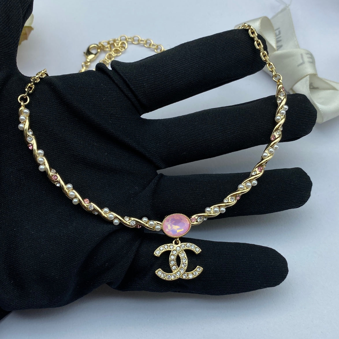 Chanel Pink Crystal 18K Gold Necklace