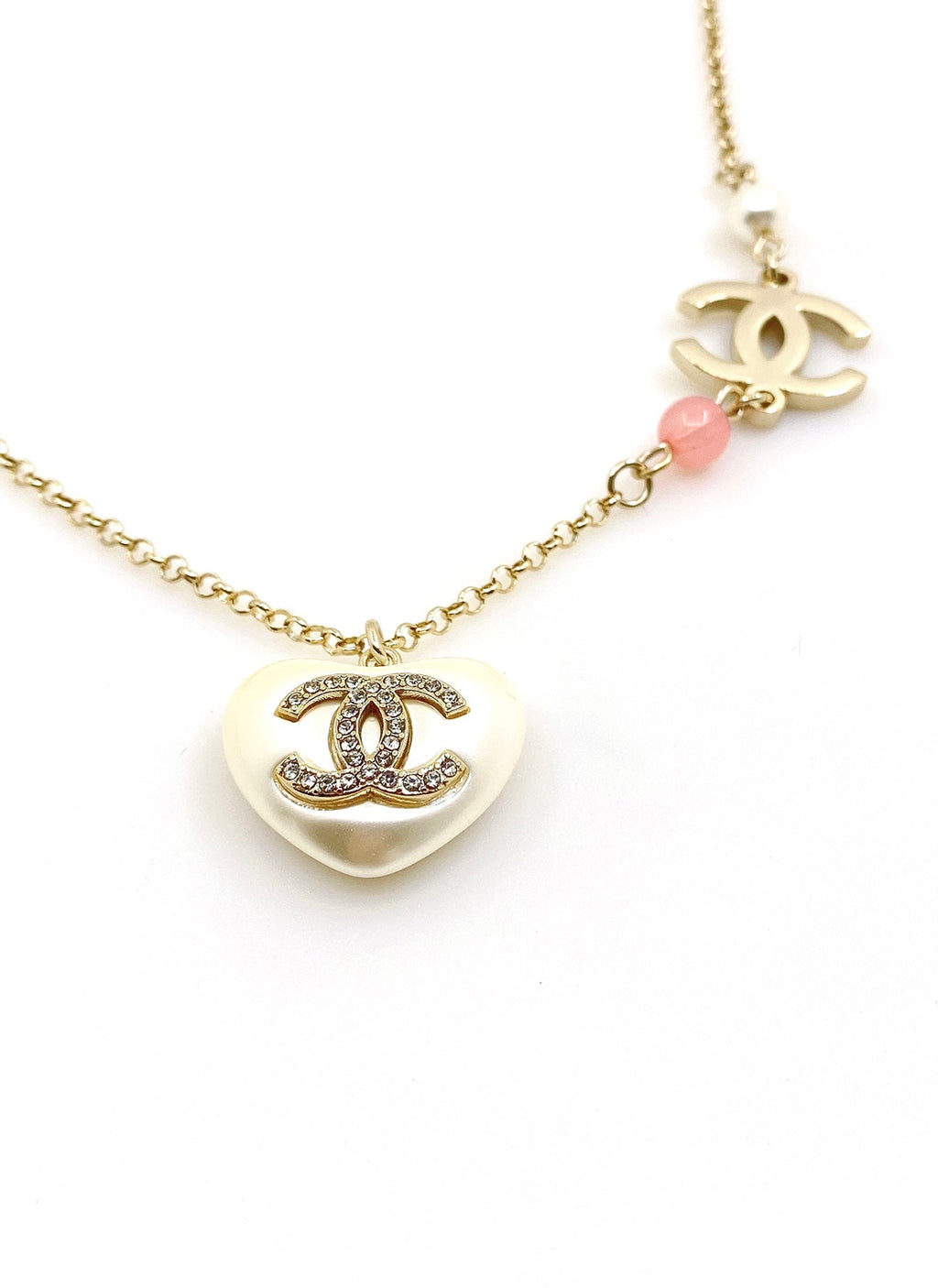 Chanel Pearl Heart Pink 18K Gold Necklace