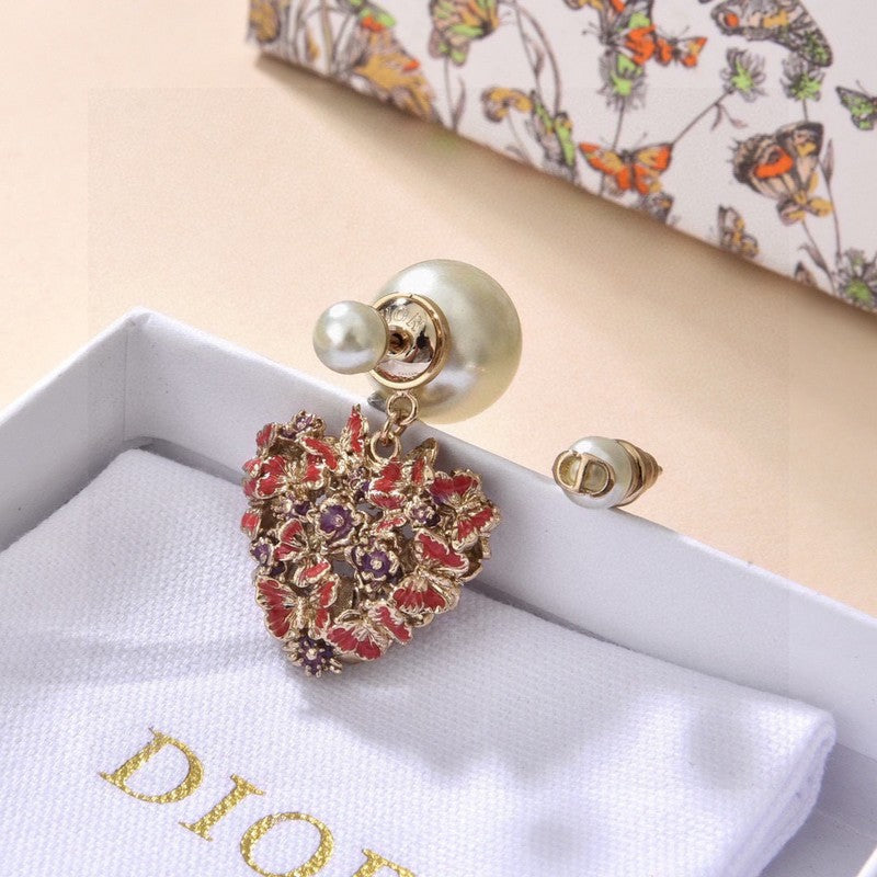 Dior Tribales Red Flower Heart Faux Pearl 18K Gold Earrings