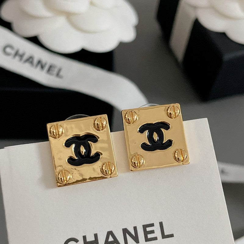 Chanel Black Gold Square 18K Gold Earrings