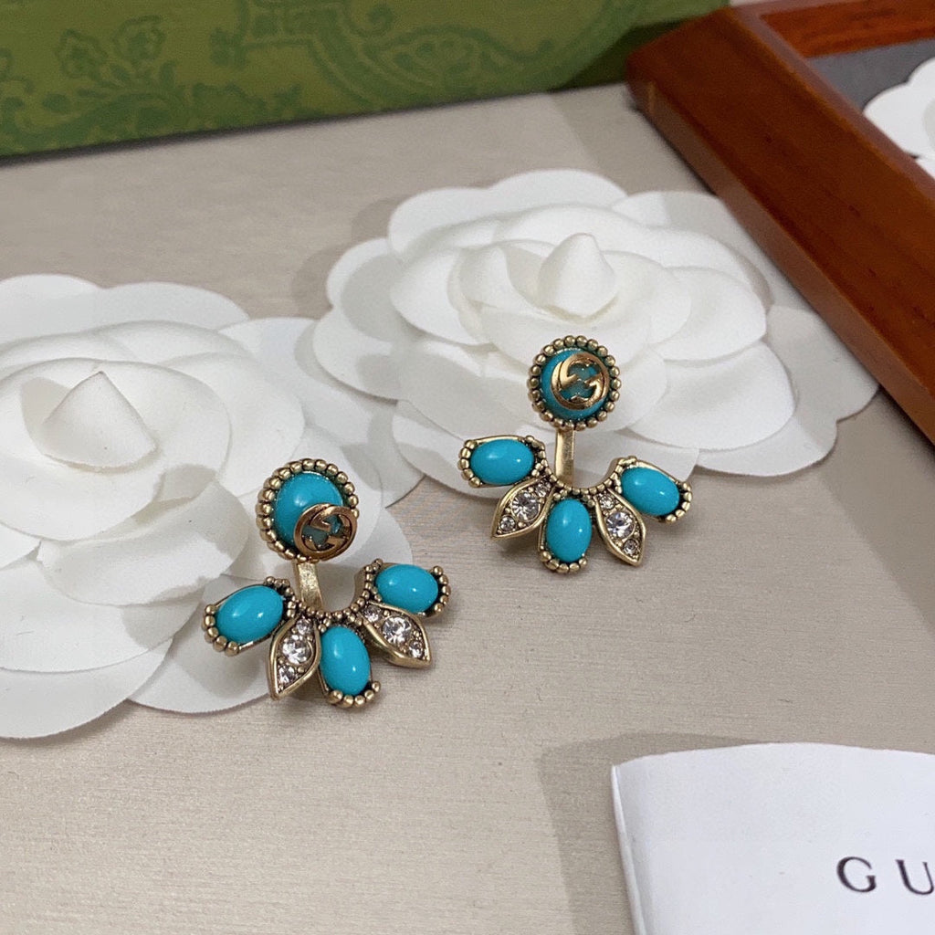Gucci Double Blue Flowers 18K Gold Earrings