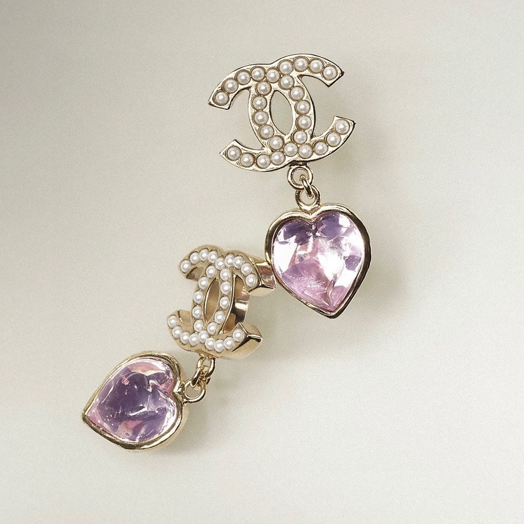 Chanel Pink Heart Crystal 18K Gold Earrings