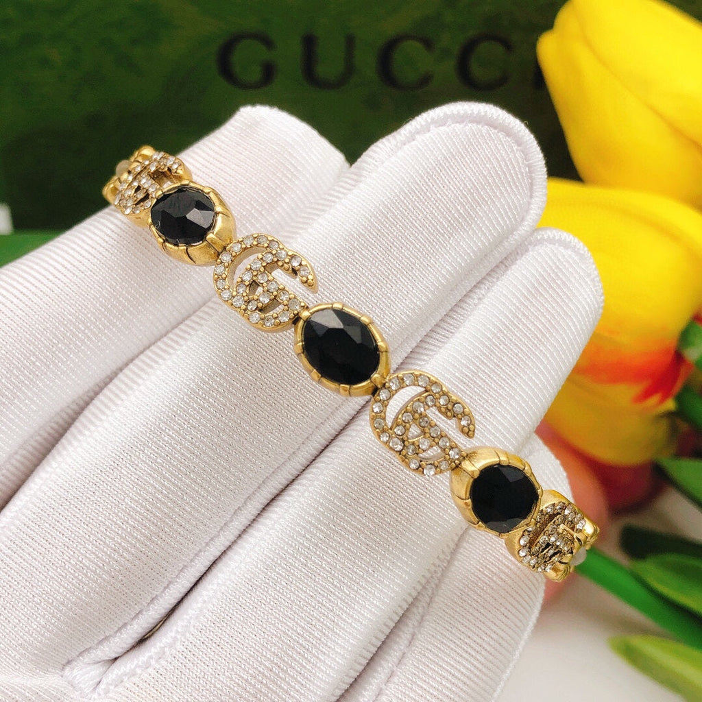 Gucci Double Flowers Black Crystals Open Cuff 18K Gold Bracelet