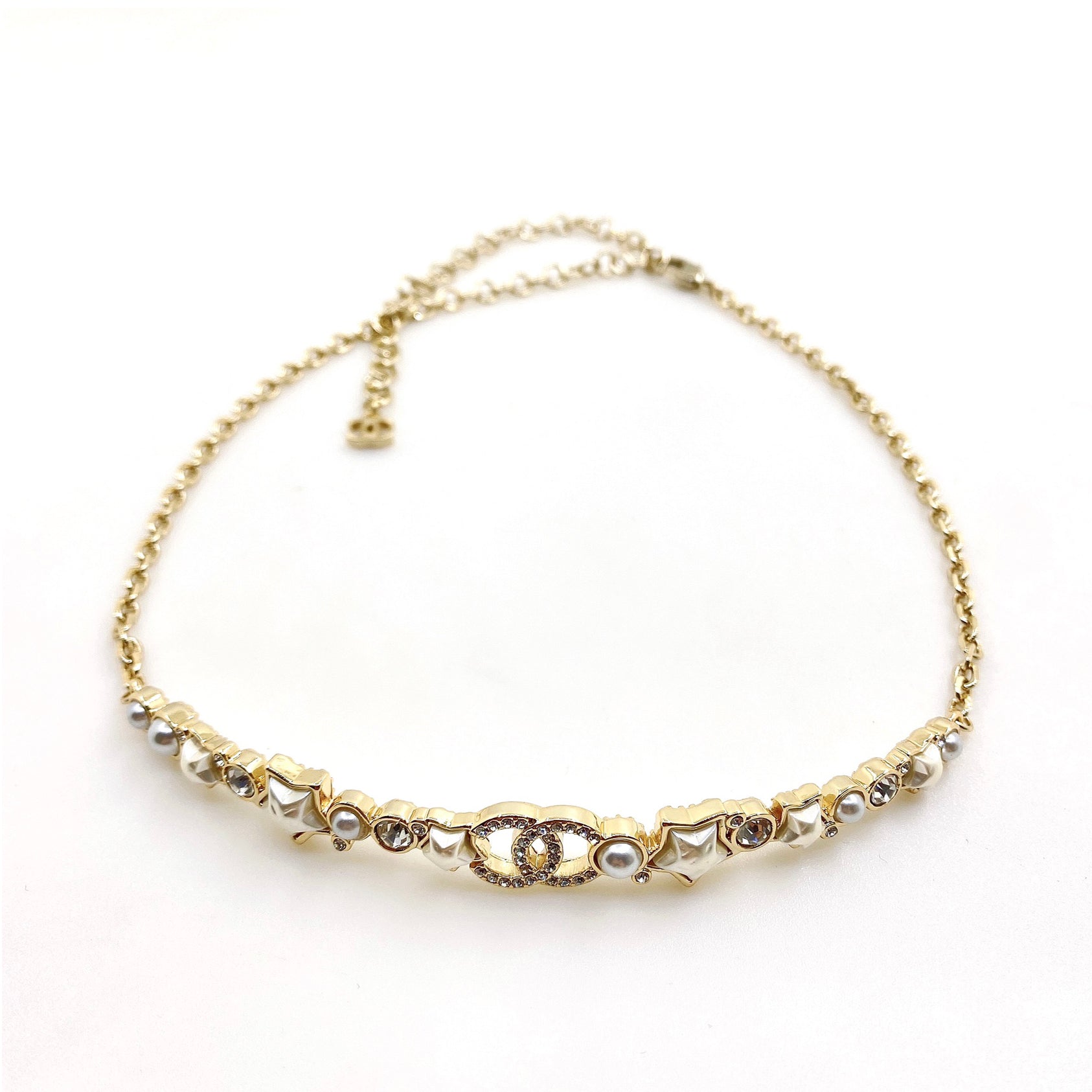 Chanel White Pearl Crystals 18K Gold Necklace