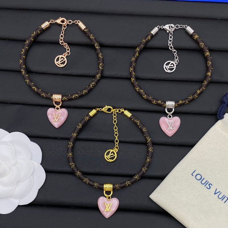 Louis Vuitton Leather Pink Heart 18K Gold Bracelet