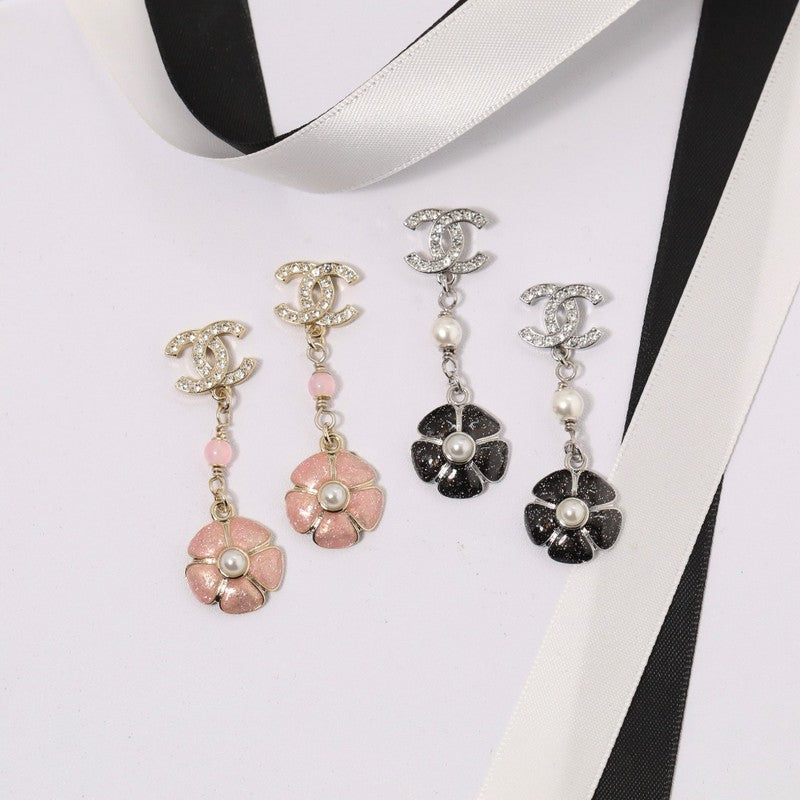 Chanel Black & Pink Camellia Diamond Long 18K Gold Earrings