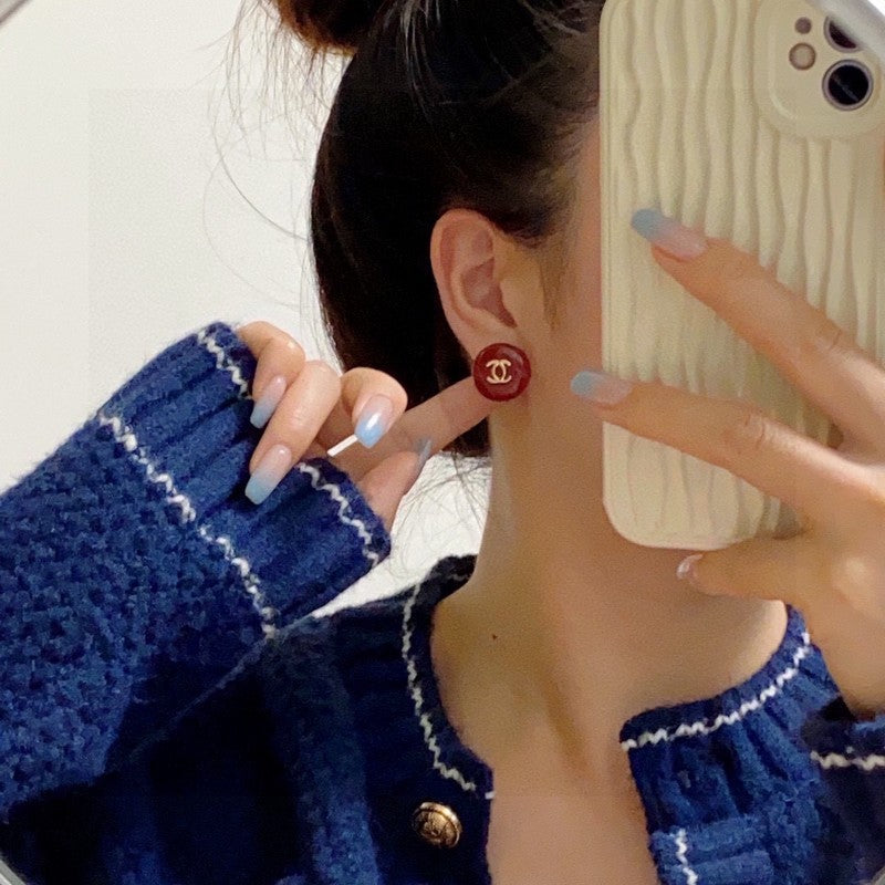 Chanel Wine Red Round 18K Gold Earrings