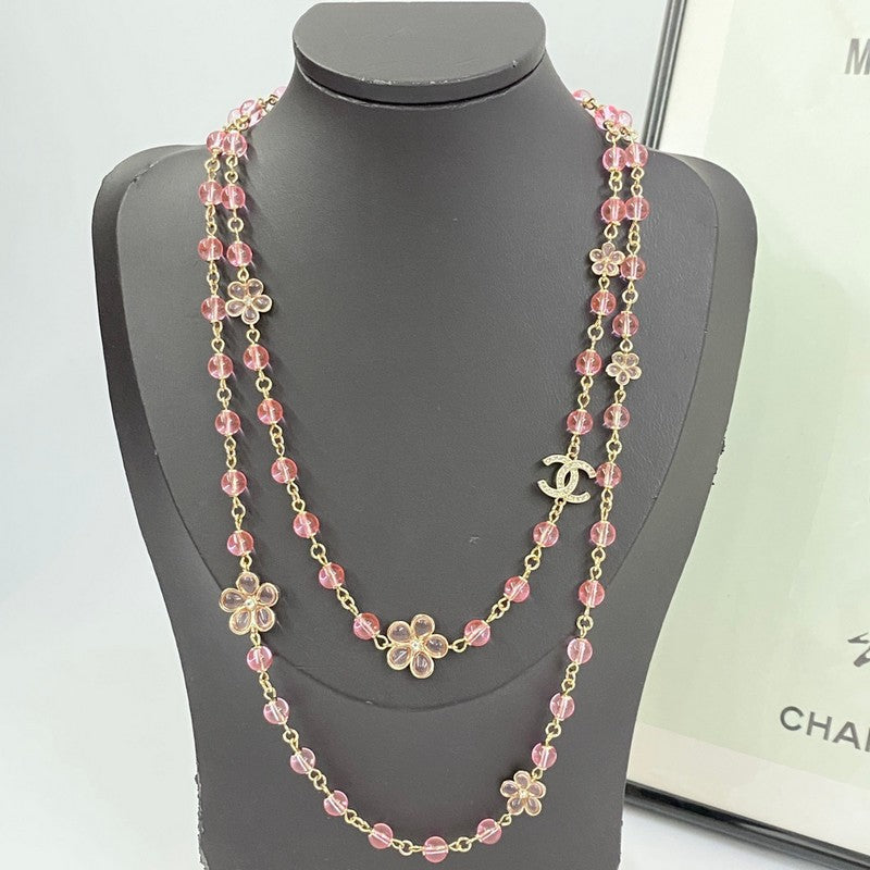 Chanel 26C Pink Crystal Long 18K Gold Necklace