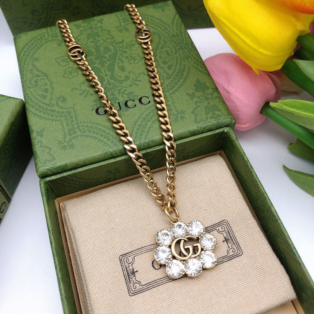 Gucci Double Flower Crystals 18K Gold Necklace