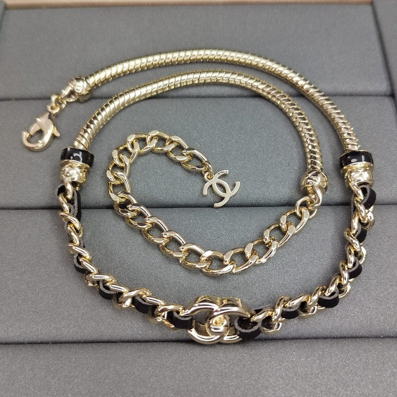 Chanel Black Leather Gold Chain 18K Gold Necklace