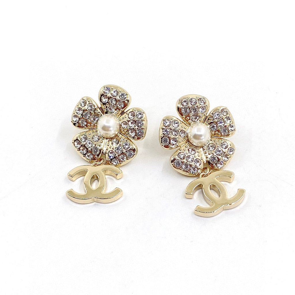 Chanel Flower Full Crystals 18K Gold Earrings