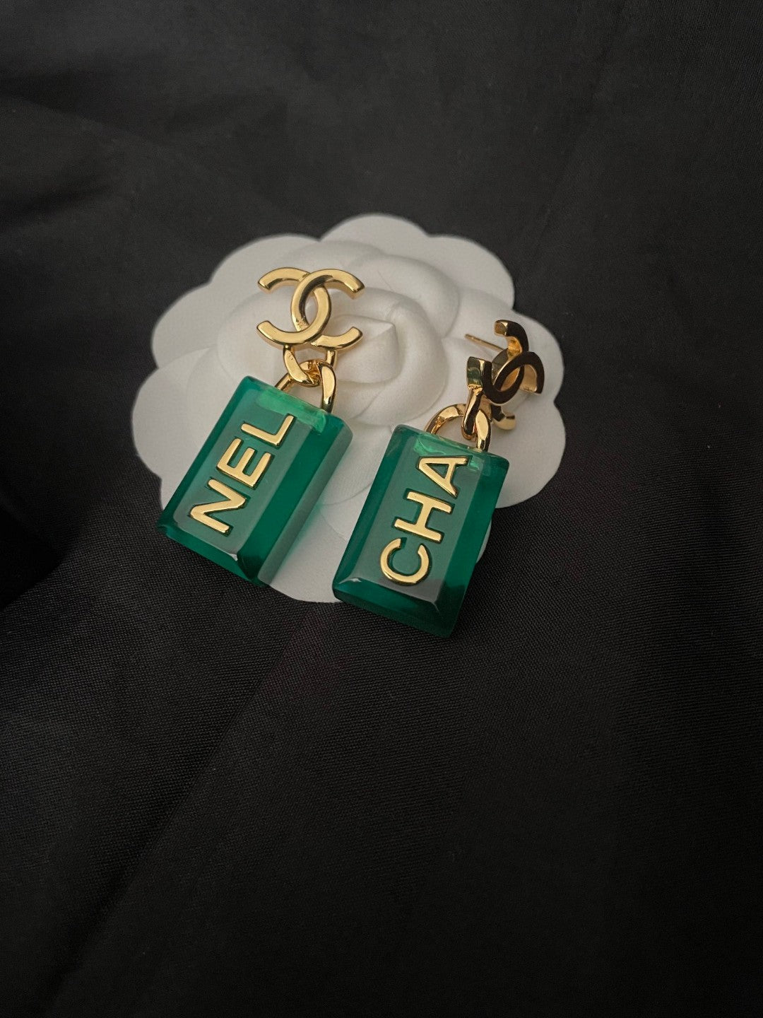 Chanel Green Perfume Bottle 18K Gold Earrings