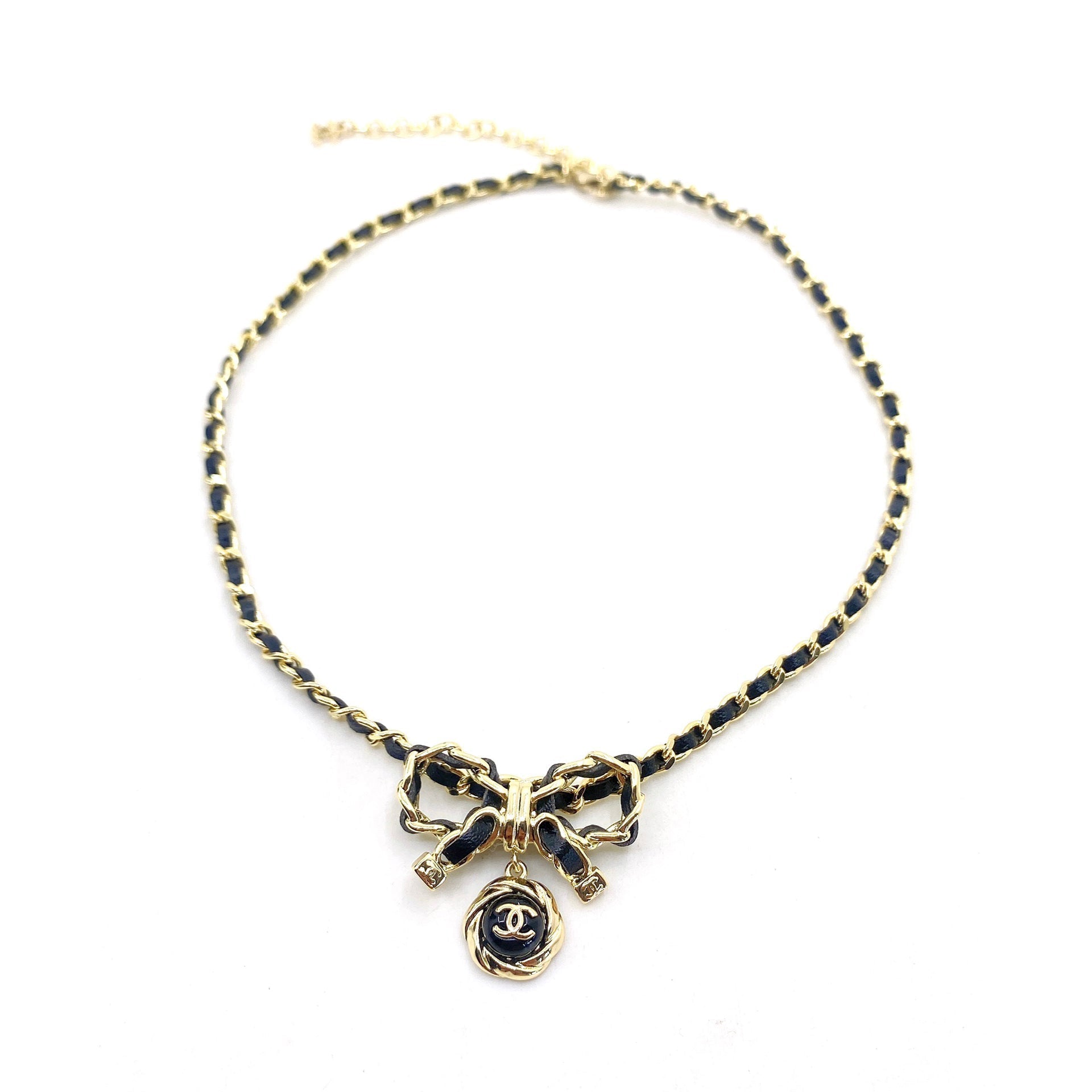 Chanel Rhinestone Bow Tie 18K Gold Necklace