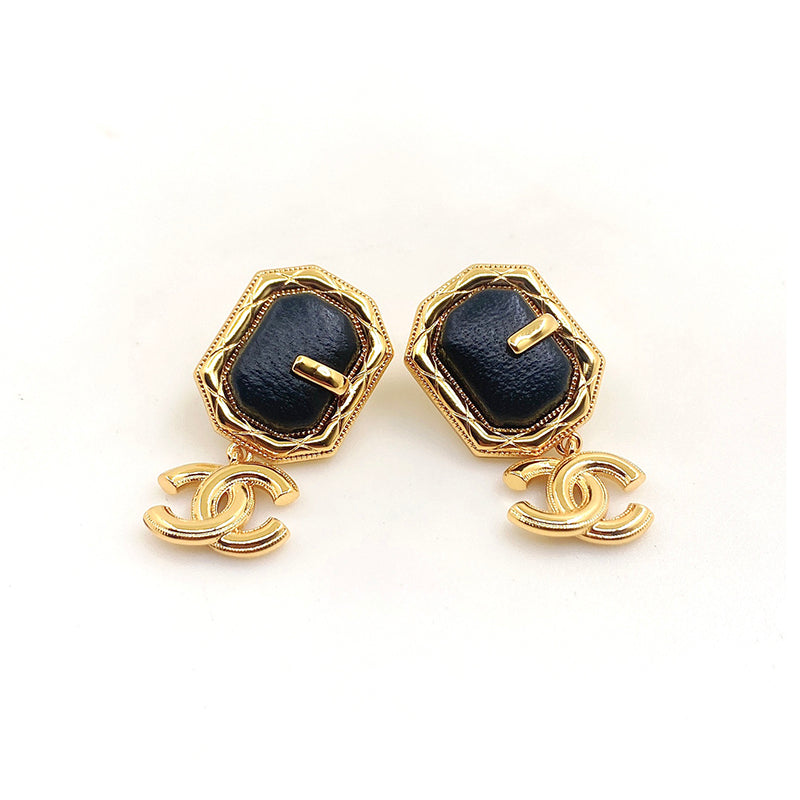 Chanel Pendant Leather 18K Gold Earrings